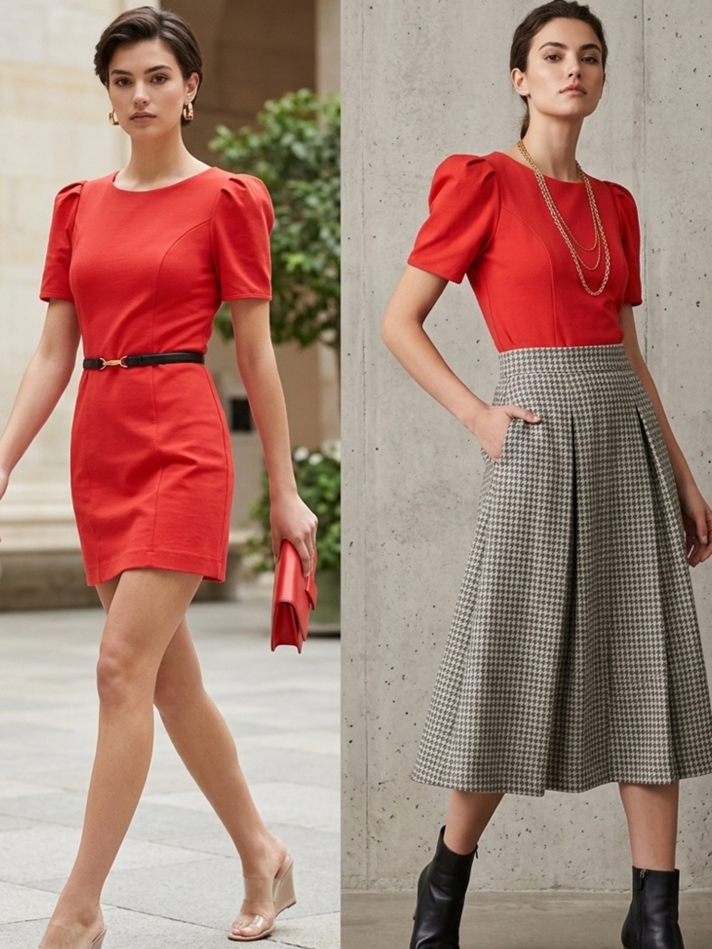 Y2K Twentyone Red Puff Sleeve Mini Dress - Structured Bodycon Scoop Neck - M